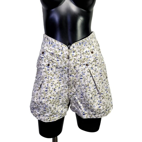 Vintage 90s Grass Raggs Ditsy Floral Print Denim Hi Paper Bag Waist Jeans Shorts - Picture 1 of 10
